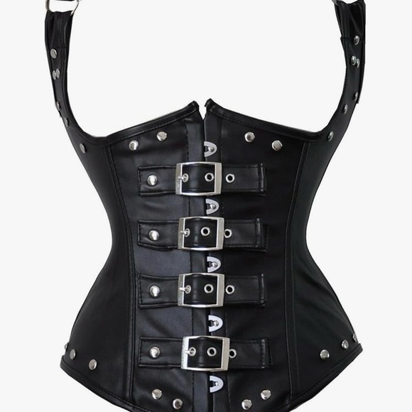 Black Studded Corset Halter Top w. buckles, underbust, fully adjustable, lace up - Picture 2 of 12